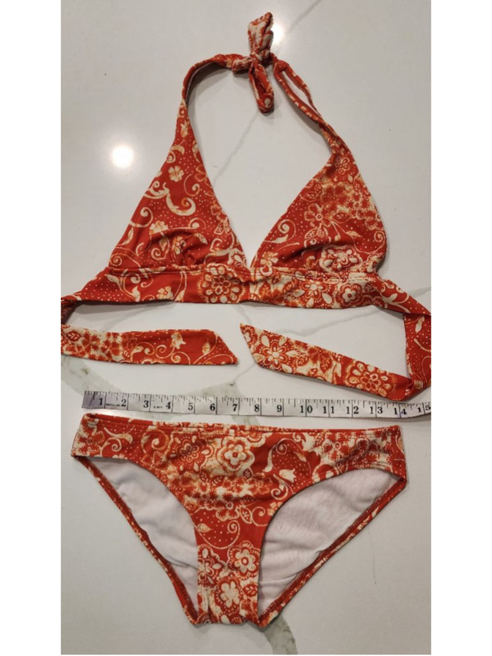 Pool Party Orange Floral Halter Bikini Set Womens XS Triangle Top Cheeky Bottoms - Picture 12 of 12